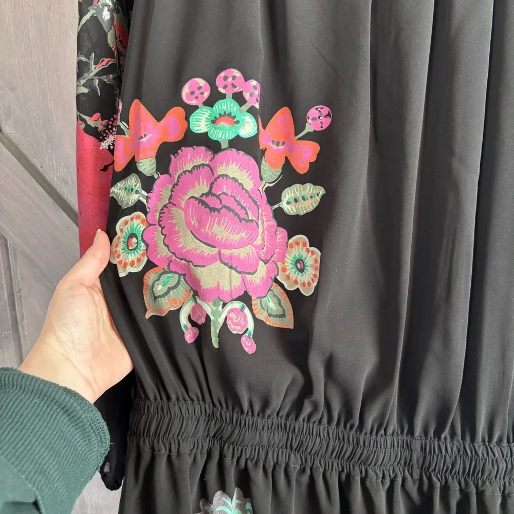 DESIGUAL Black Drop Waist‎ Flowy Dress Printed sleeves Size M - Picture 6 of 14